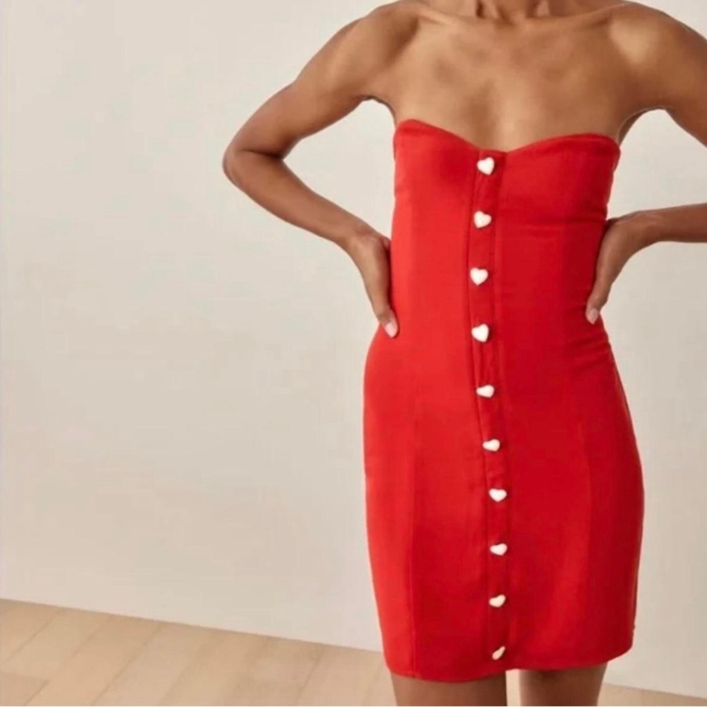 Reformation Strapless Red Dress with Heart Buttons